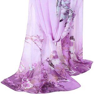 NEW Purple Chiffon Birds and Flowers Long Scarf
